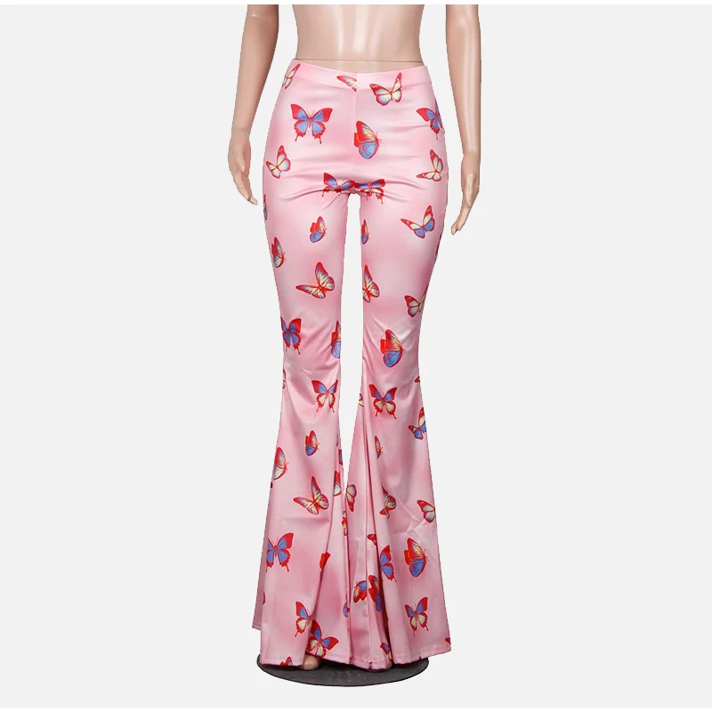 Розовые расклешенные брюки с принтом бабочки женские милые брюки со средней посадкой повседневные брюки для вечеринок женские осенние повседневные штаны Femme