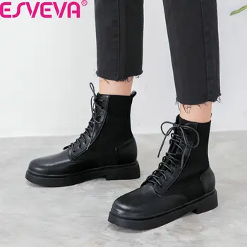 

ESVEVA 2020 Square Heel Round Toe Lace Up Casual Ankle Boots Patchwork Knitting PU Leather Autumn Winter Women Shoes Size 34-43