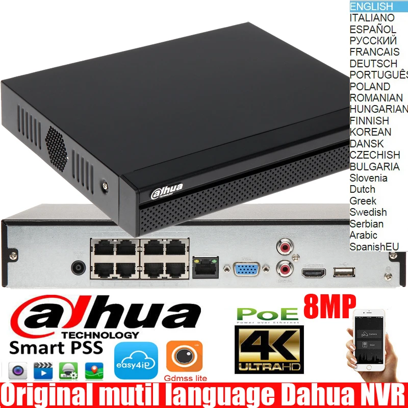 Dahua mutil language NVR2108HS-8P-4KS2 8ch PoE ports 8MP Resolution 4K H.265 Lite Network Video Recorder DHI-NVR2108HS-8P-4KS2