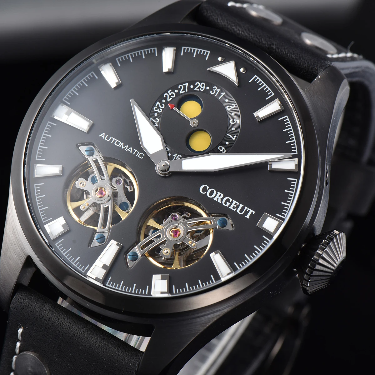 

47mm black dial Moon Phase Corgeut automatic men's mechanical watch flywheel luminous calendar week sports leather strap watch