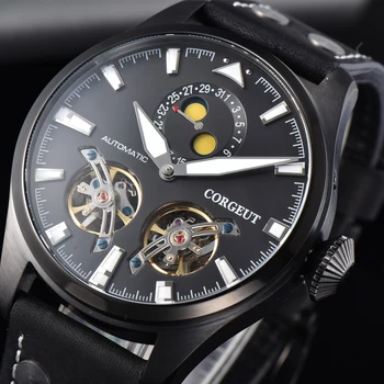 

Corgeut 47mm black dial Moon Phase automatic men's mechanical watch flywheel luminous calendar week sports leather strap watch