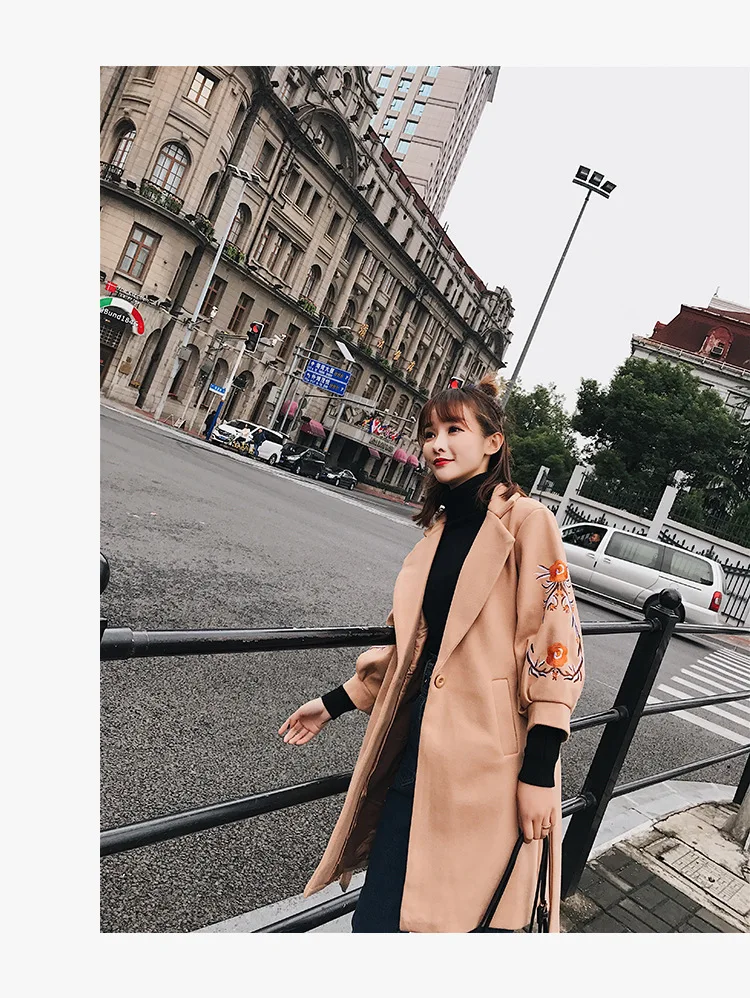F6174 Южная Корея Dongdaemun осень и зима стиль вышитая лампа рукав шерстяная Женская куртка длинный Дафлкот