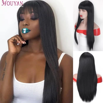 

HOUYAN 24 Inch Blonde Long Straight Wig With Bangs for Women Synthetic Hair Wigs With Bang Black Brown Heat Resistant Fiber
