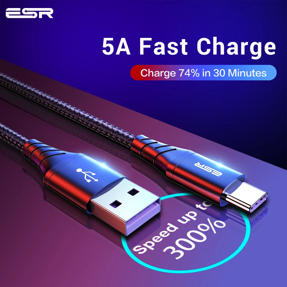 ESR 5A usb type-C кабель 1 м 2 м Быстрая зарядка type-C кабель для huawei P30 P20 mate 20 Pro Phone Supercharge QC3.0 USBC Кабо черный