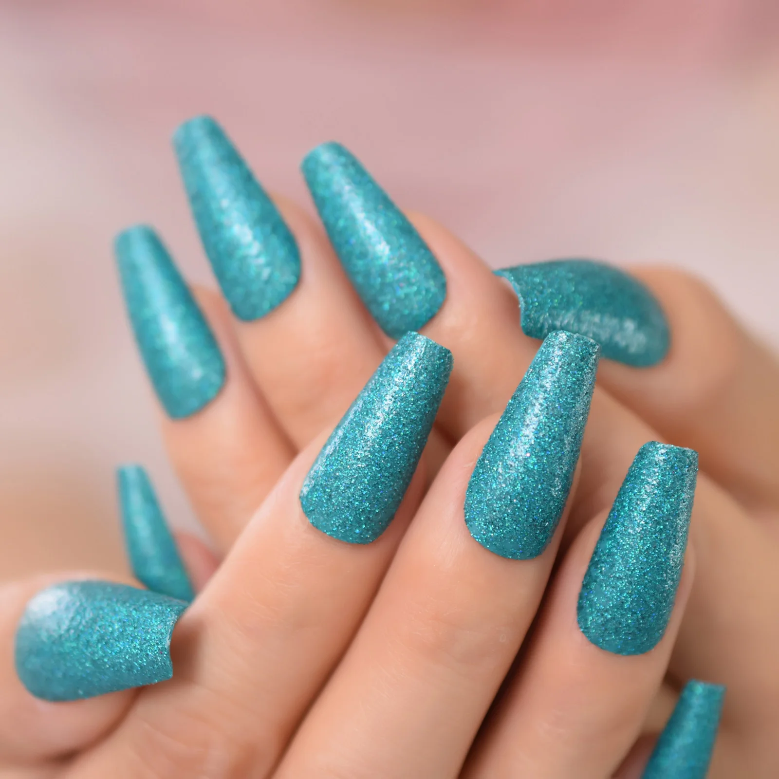Premium Photo | Beautiful female hands with a gold ring with a aqua nail  polish design manicure on transparent nails