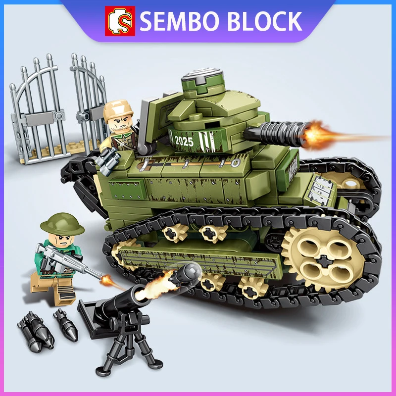 Sembo 368 шт., армейский FR Renault FT-17, танк, строительные блоки для детей, легольные Военные солдаты, фигурки, оружие, кирпичи, подарок для мальчиков