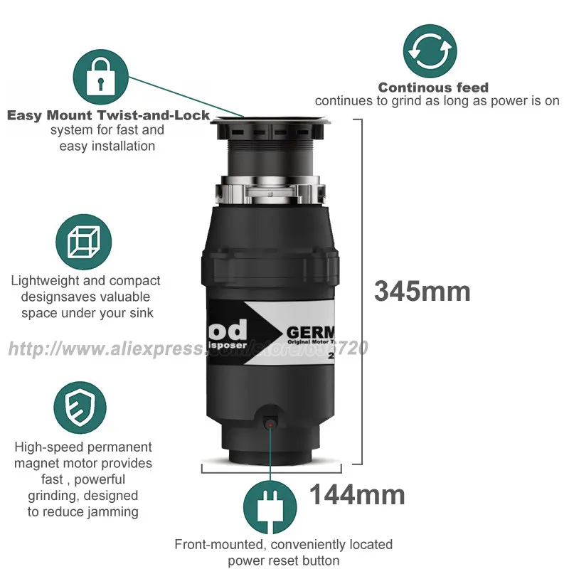 Energy saving 900W motor Technology Fast-and-easy mount kitchen Food Waste Disposers , 3/4 HP Household Garbage Disposer 6