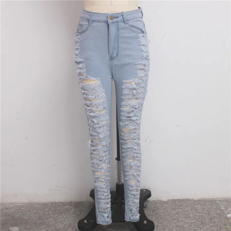 High Street Ripped Hole Jeans Women's Destroyed High Waist Distressed Slim Denim Jeans Sexy Skinny Pencil Pants Summer Pants (1)