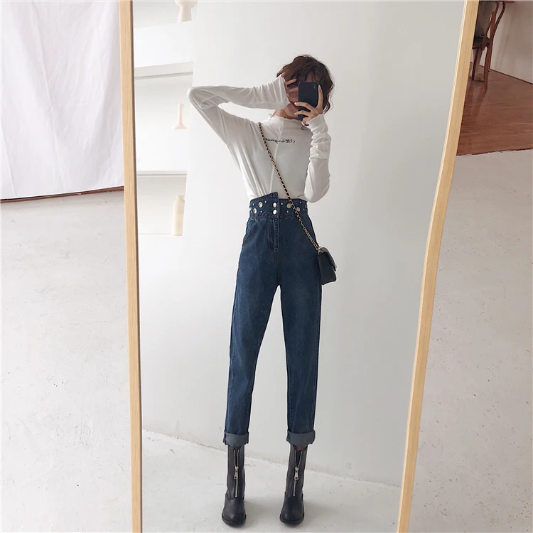 Woherb/ осенние винтажные джинсы для женщин, расшитые блестками, с высокой талией, джинсовые штаны, корейские, Modis, асимметричные, шаровары, джинсовые штаны