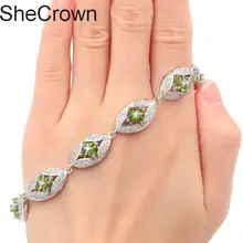 Великолепный зеленый Перидот Белый CZ женский серебряный браслет 7,5-8.0in 20x11 мм