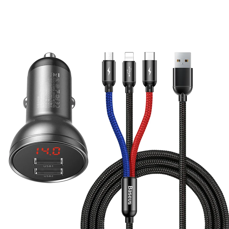With Cable Baseus Мини Автомобильное зарядное устройство Dual USB 4.8A быстрая автоматическая зарядка адаптер для iPhone11 X металлическое зарядное устройство для samsung маленькое автомобильное зарядное устройство для телефона - Тип штекера: With Cable