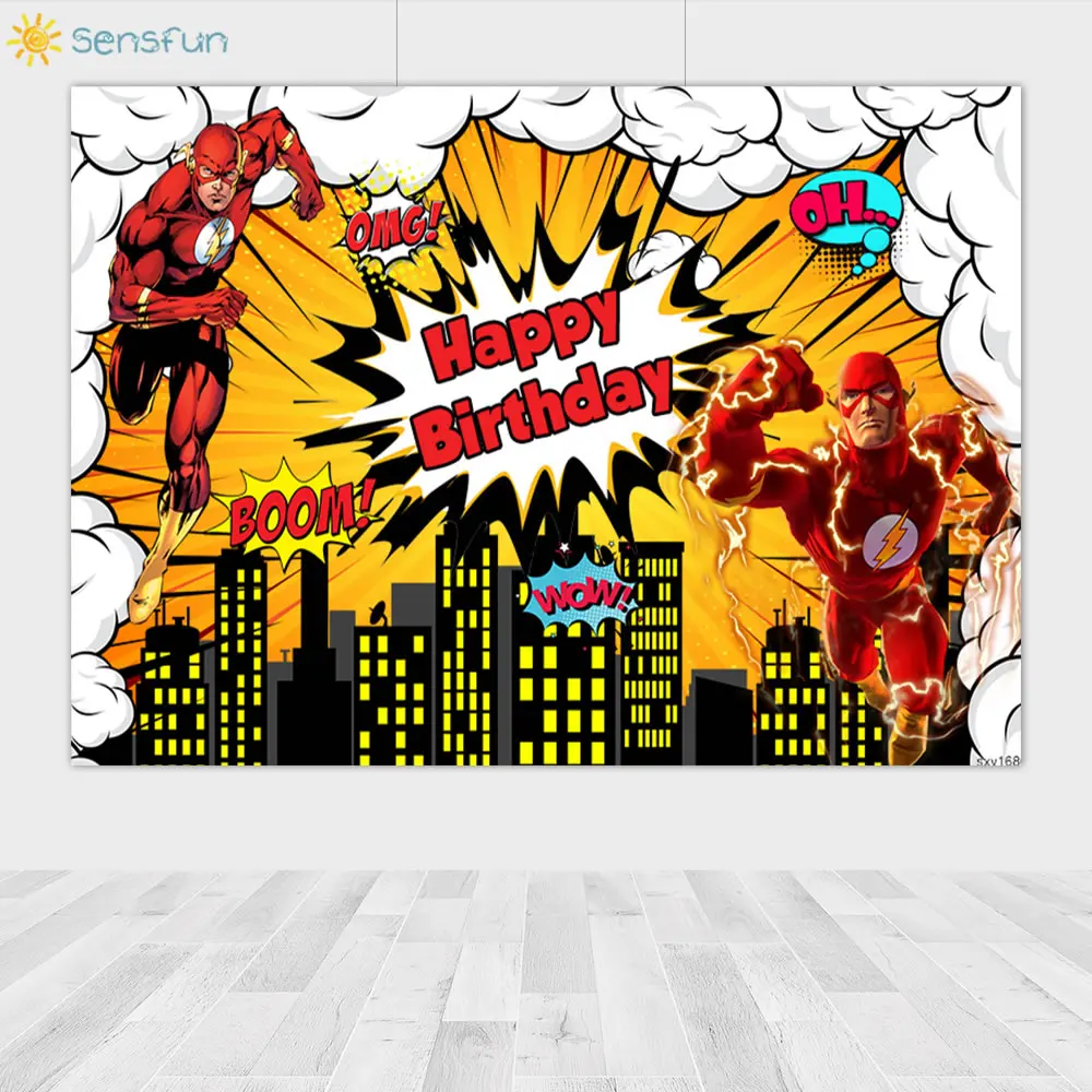 Sensfun Comics Superhero Theme Birthday Background Photo Customized The Flash Backdrops Children's Birthday Party Supplies 7x5ft