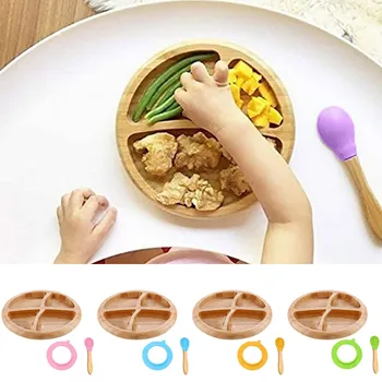 

3 Grids Kids Dinner Plate Bread Cookies Plate Round Design Dinner Plate with Suction Spoon Household Silicone Tablewares #LR2