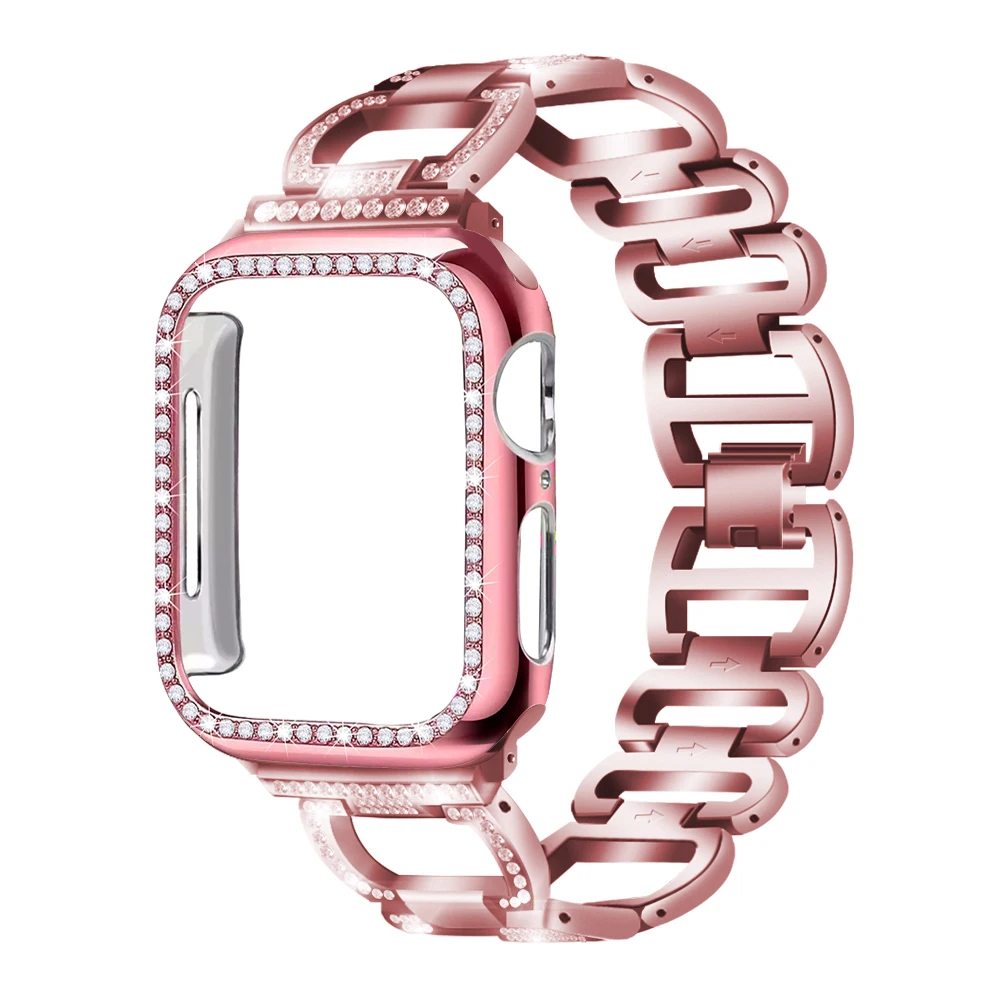 Ремешок+ чехол подходит для наручных часов Apple Watch Series 5/4/3/2/1 металлический ремешок кольцо с бриллиантом Нержавеющая сталь браслет 38 мм 40 мм 42 44 мм