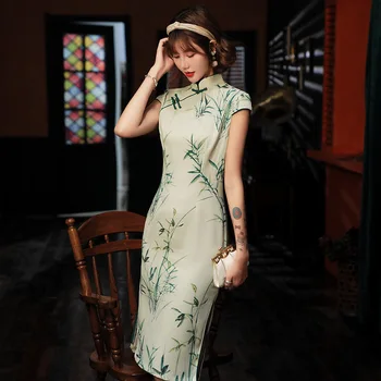 

Print Flower Women Cheongsam Big Size 3XL Vestidso Green Mandarin Collar Vintage Prom Party Dress Sexy Short Sleeve Qipao