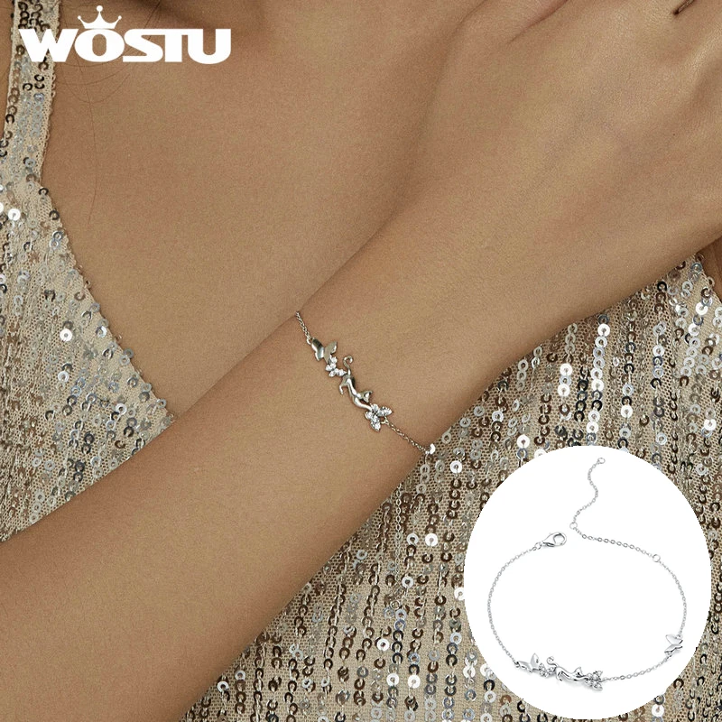 Женский браслет с котом и бабочками WOSTU из стерлингового серебра 925 пробы