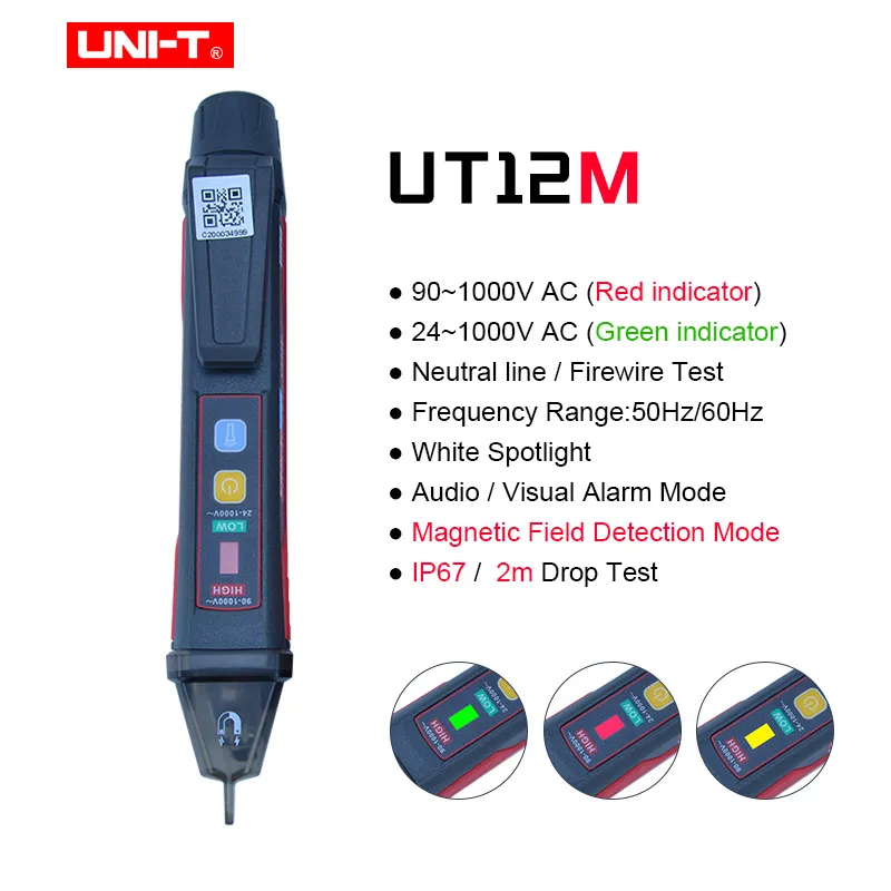 anemometer sensor UNI-T Non-contact AC Voltage Detector Volt Pen IP67 Indicator LED Flashlight Socket Wall Volt Test Pencil 24V-1000V UT12E UT12M force gauge Measurement & Analysis Tools