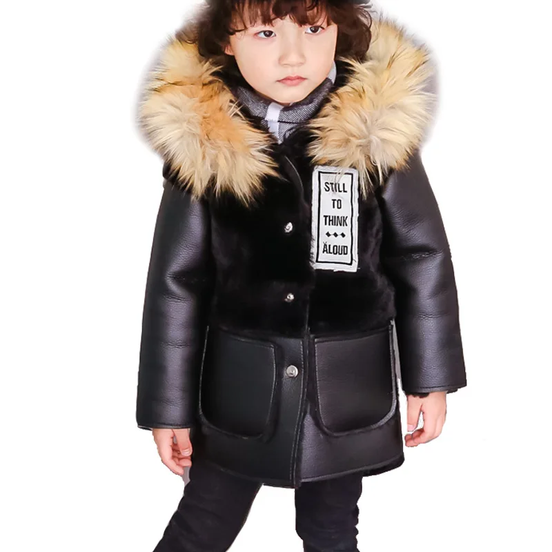 Детская меховая куртка, пальто толстая теплая кожаная куртка с меховым капюшоном для детей от 1,5 до 10 лет, зимняя куртка для мальчиков и девочек, верхняя одежда