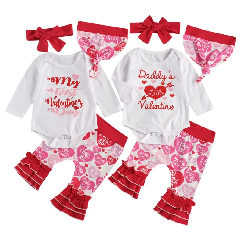 

Baby Girl Valentine's Day Clothes Set Long Sleeve Letter Heart-shaped Romper Tops Print Ruffles Pants Headwear Hats Baby Costume