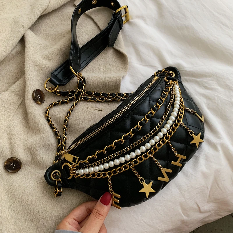 Small Bag Women New Fashion Korean Versatile Messenger Bag Pearl Chain Waist Bag Gold Letter Tassel Chest Bag Nightclub Bag