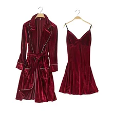 Мягкий халат, набор бордового осеннего бархата, женская теплая Домашняя одежда, сексуальная, глубокий v-образный вырез, Мини Ночная рубашка с разрезом, ночное белье, элегантная одежда для сна