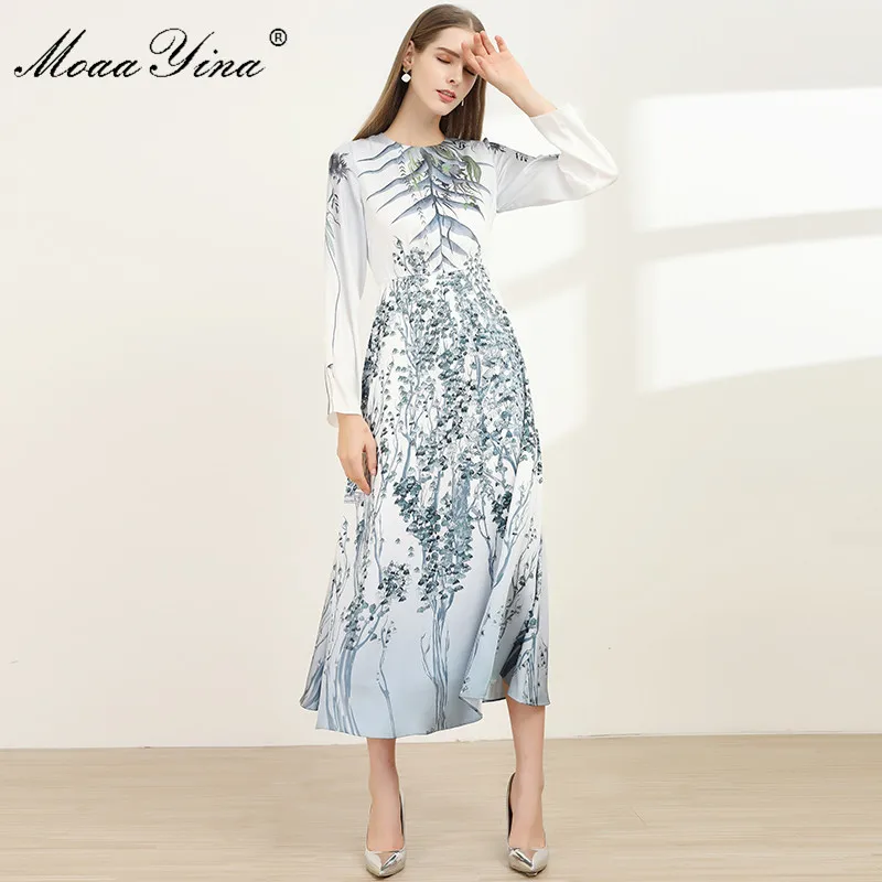 

MoaaYina Fashion Designer dress Spring Summer Women's Dress Long sleeve Floral-Print Slim Long Dresses
