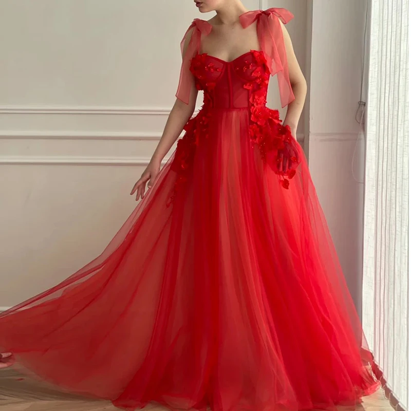 New Red Tulle A Line Prom Dresses Long Adjust Ties Straps 3D Flowers Beads Floor Length