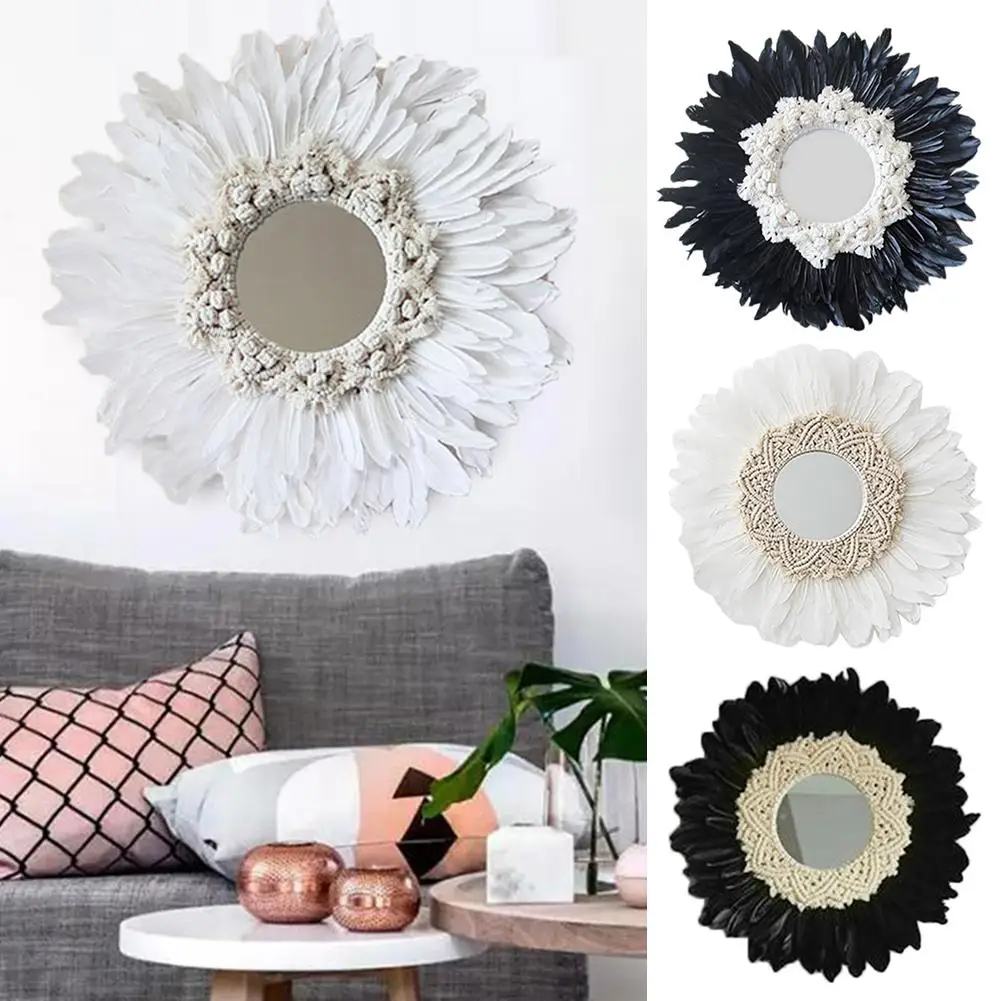 

Nordic Ins Handmade Round Decorative Mirror Feather Decoration Original Design Decorative Wall Hanging Home Decorations 30E