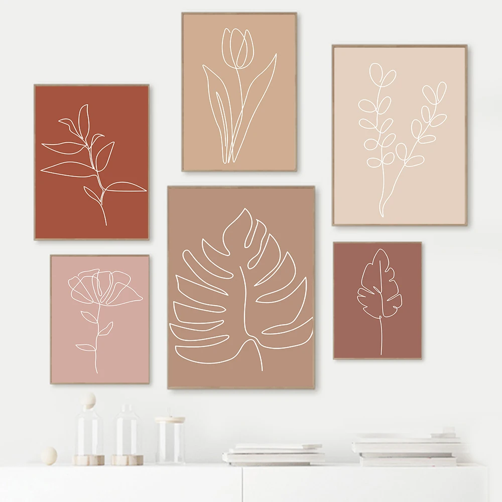 

Abstract Flower Boho Style Canvas Painting with Line Leaves Wall Art Pictures Posters Prints Interior Living Room Home Decor