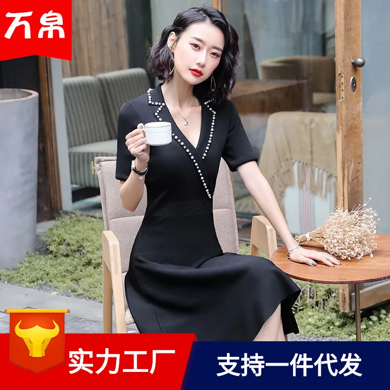 

2020 Spring Dress Women's Business Suit Collar Half-sleeve Shirt Black And White with Pattern Dress Fishtail Skirt Sheath