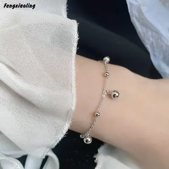 

Fengxiaoling 100% Genuine 925 Sterling Silver Smooth 5mm Round Beads Charm Bracelets For Women Fine Jewelry Cute Accessories