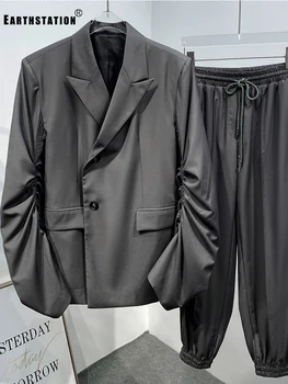 

Free shipping pleated long-sleeved suit jacket two-piece suit women's autumn new style + laces elastic waist trousers set