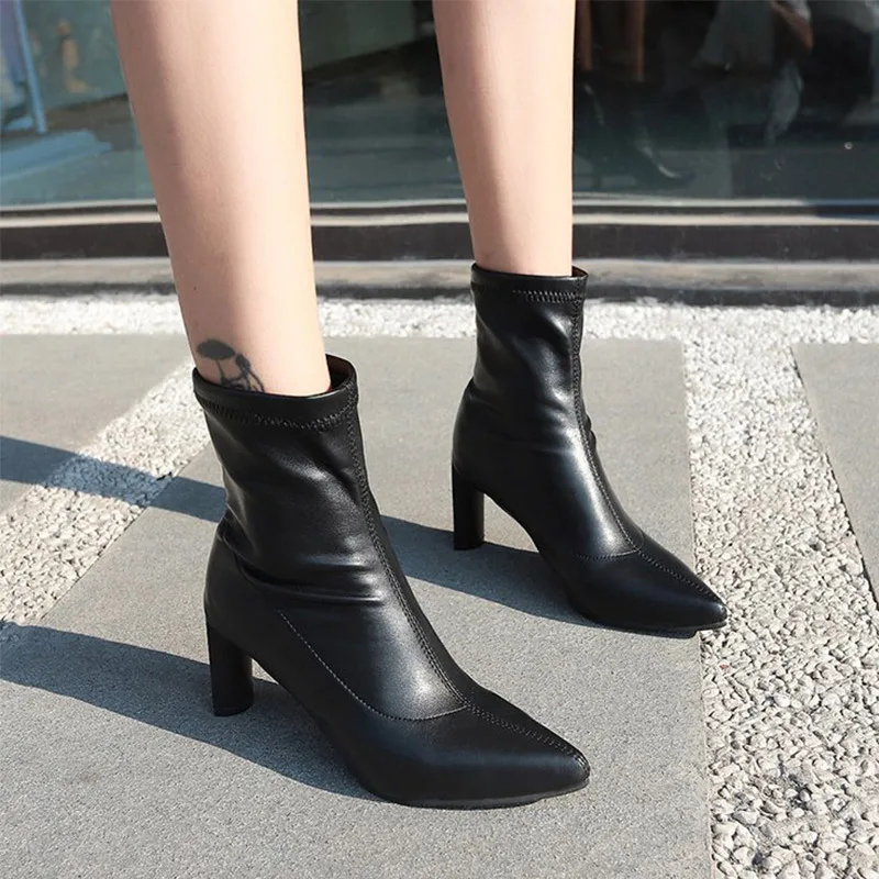 

Autumn Women Pointed Toe Ankle Boots Leather Zipper Female Sewing Short Boots High Heel Shoes Comfort Women's Fashion Footwear