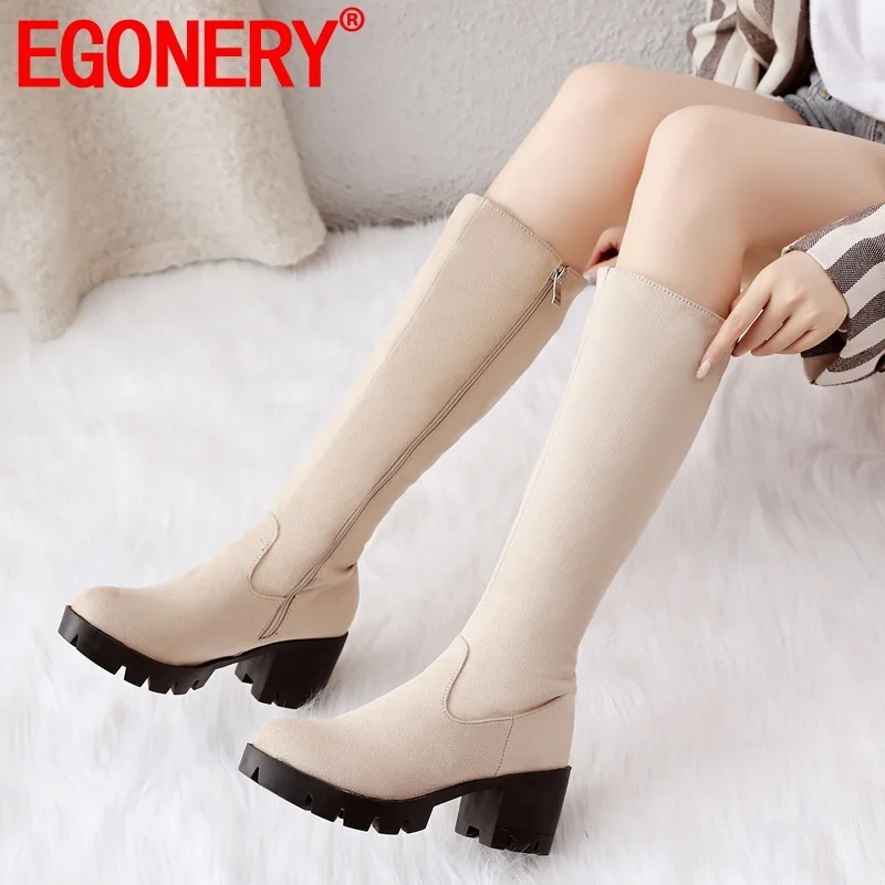 

EGONERY winter new concise knee high boots outside high heels platform zip round toe flock women shoes drop shipping size 32-45