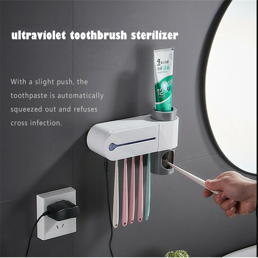 

2 in 1 UV Light Ultraviolet Toothbrush Sterilizer Toothbrush Holder Automatic Toothpaste Squeezers Dispenser Home Bathroom Set