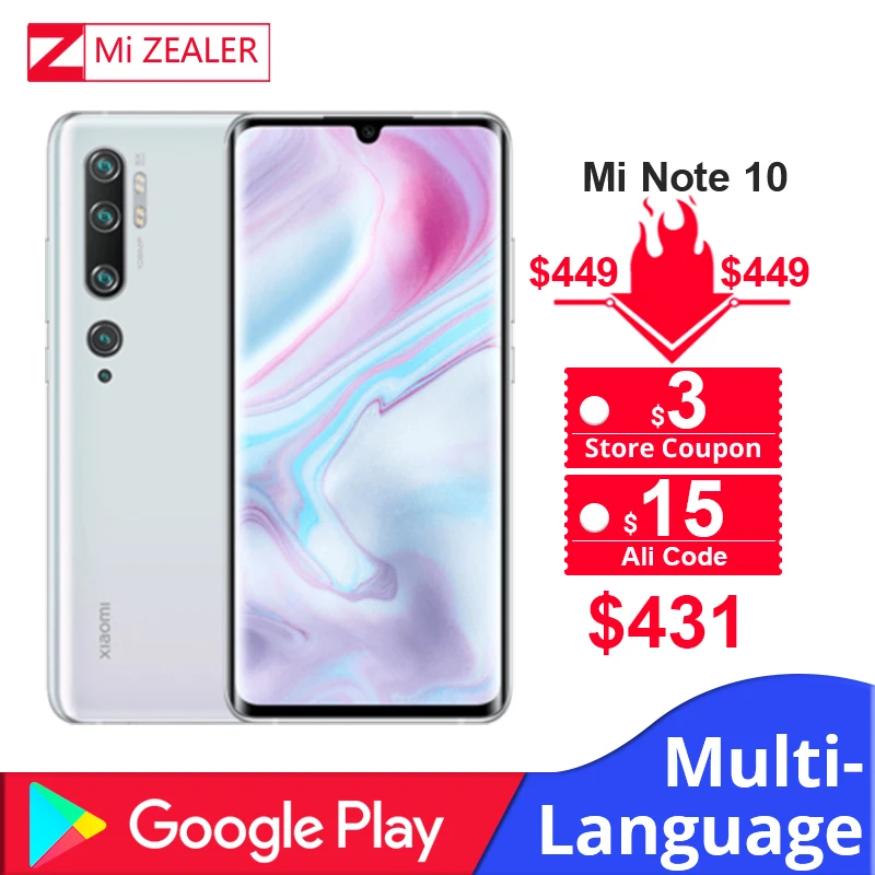 

Global Version Xiaomi Mi Note 10 SmartPhone 6GB RAM+128GB ROM Penta Camera 5260mAh battery Snapdragon730G 10x Screen cellphone