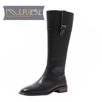 

MLJUESE 2021 women knee-high cow leather winter zippers short plush round toe low heel boots female women boots