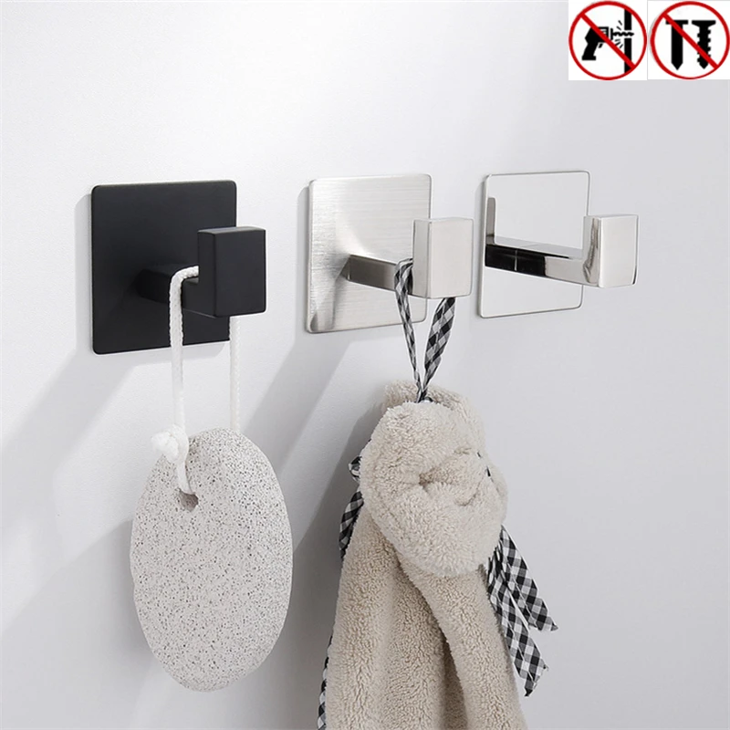 No Screw Stainless Steel Self Adhesive Bathroom Square Robe Hook Coat