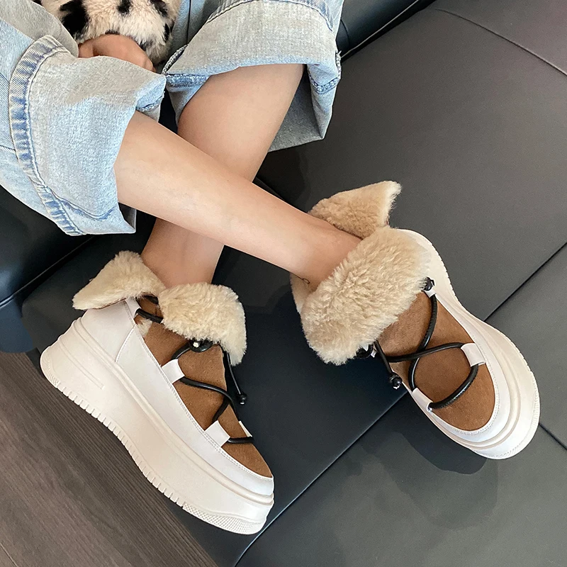 

Cross-tied Genuine Leather and Fur High Quality Snow Boots Black Apricot High Platform Boots Winter Ladies Fashion Ankle Boots
