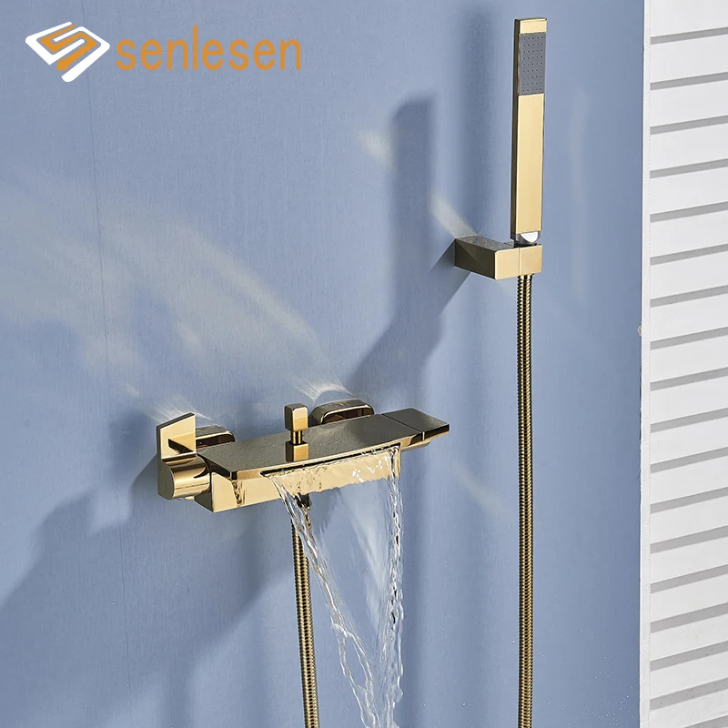 Senlesen Golden Waterfall Bathtub Faucet Brass ABS Shower Hand Hot and Cold Water Mixer Tap for Bathroom Shower bathtub faucet