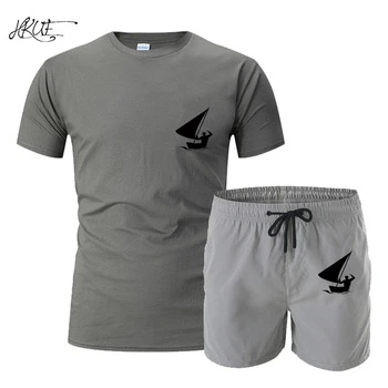 

Japanese tube woven men's T-shirt summer cotton breathable T-shirt + casual shorts suit sportswear new design sports series logo