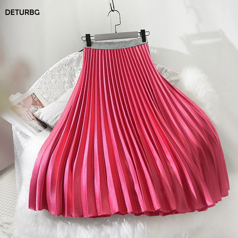 Женская модная плиссированная юбка миди цвета металлик, Женская Корейская уличная юбка с высокой талией, велюровые розовые шикарные юбки Saias, осень, SK285