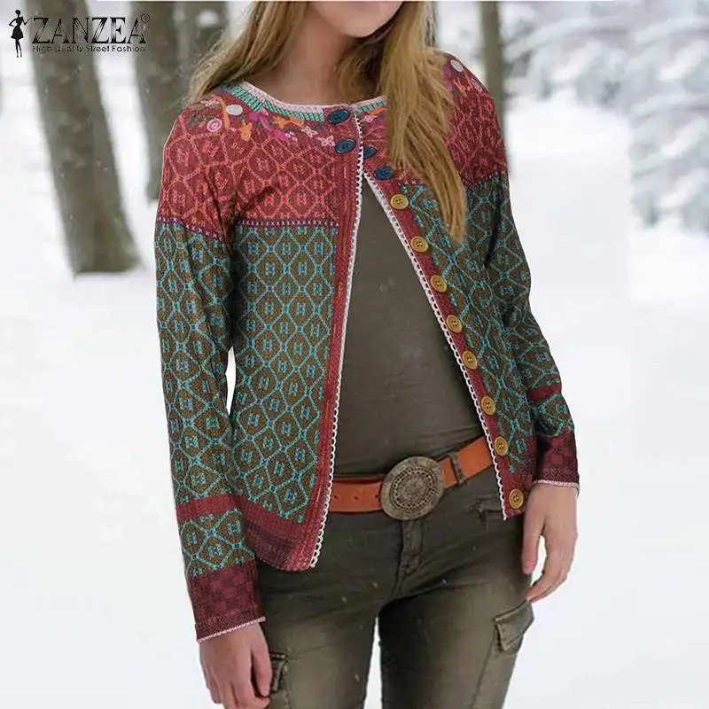 wonderful ZANZEA Women's Patchwork Cardigans Pull Femme Jackets Ethnic Print Coats Single Button Overcoat Fem