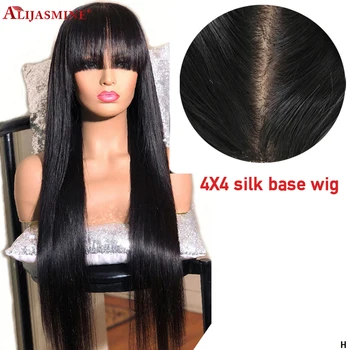 

130 150 180% Silk Base Wigs With Bangs For Black Women Brazilian Remy Bang Wig 4X4 Silk Top 13X4 Lace Front Human Hair Wigs