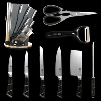 

8 in 1 Kitchen Knives Chefs Knife Bread Utility Paring Cleaver Knifes Set Stainless Steel Blade Sharpener Peeler Shipping Now