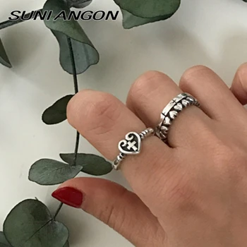 

925 Sterling Silver Love Cross Rings For Women Accessories Love Pattern Vintage Cute Heart Ring Fashion Retro Jewelry F599