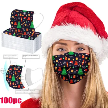 

100pc Disposable Face Mask Men And Women Non Wove 3 Layer Ply Filter Masque Adult Christmas Printed Mascarillas (none Medical)