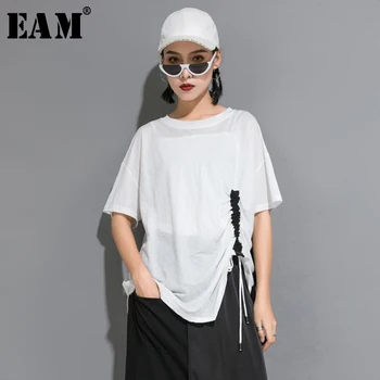 

[EAM] 2020 New Spring Summer Round Neck Half Sleeve Hit Color Drawstring Irregular Big Size T-shirt Women Fashion Tide JW593