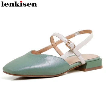 

Lenkisen concise style real leather square toe stone pattern mixed colors low square heels buckle straps office lady pumps L36