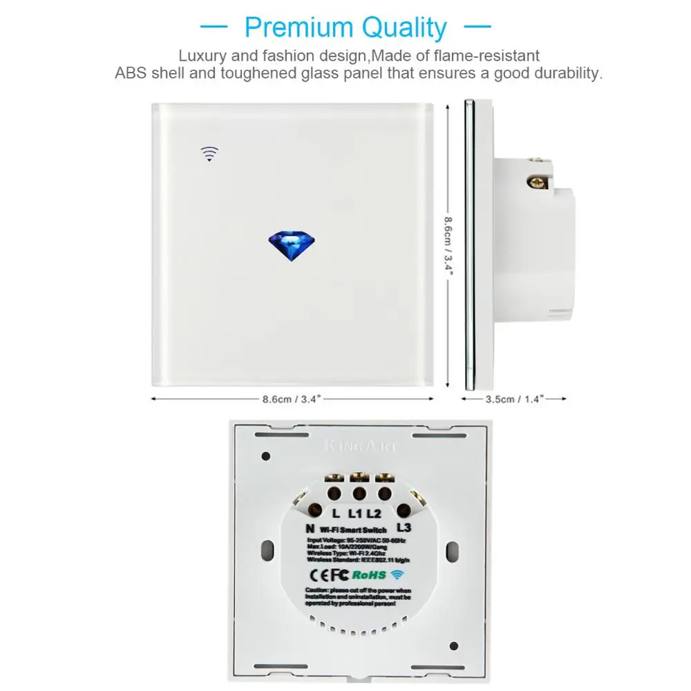 Teekar Wall Touch Sensor Smart Switch,EU/UK Standard Light Switch,switch power,Glass Panel,For Alexa Google Home Diamond Pattern